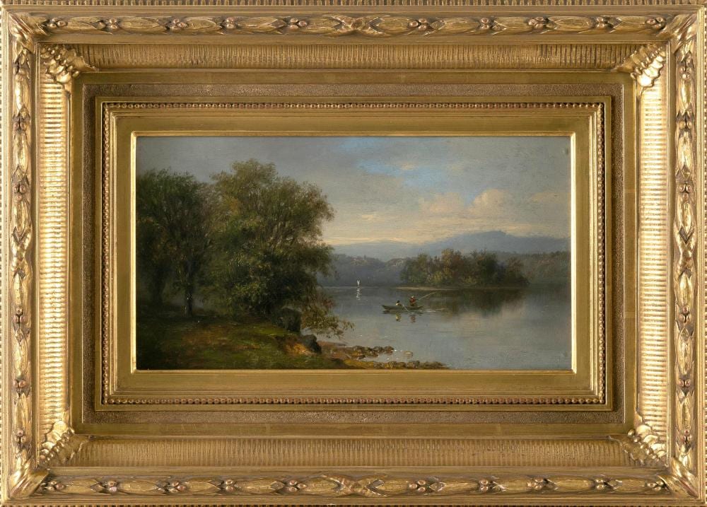 Robert Spear Dunning comparable auction result: robert spear dunning massachusetts new hampshire 1829 1905 bass lake 1876 oil on board 6 25 x 12 framed 13 x 18