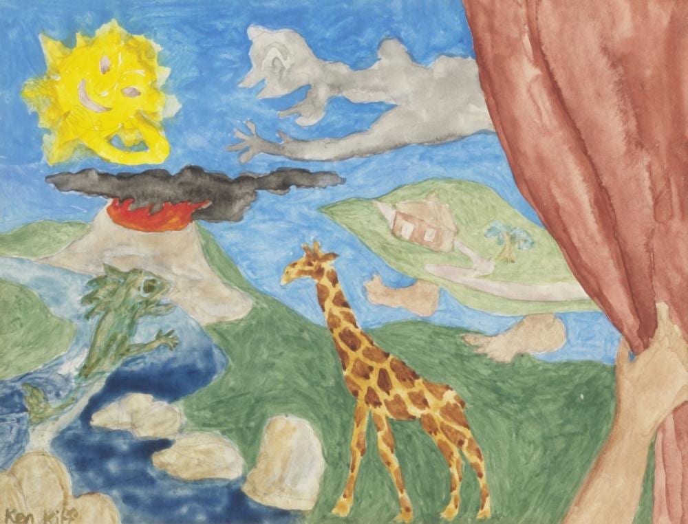 Ken Kiff comparable auction result: ken kiff british 1935 2001 drawing back a curtain painted in 1979
