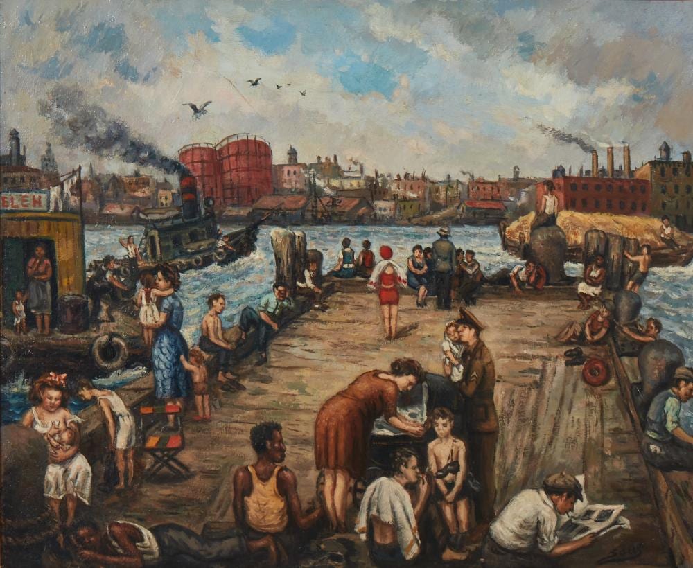 Saul Kovner comparable auction result: saul kovner american 1904 1981 facing the east river 1945 oil on canvas 20 x 24in 51 x 61cm
