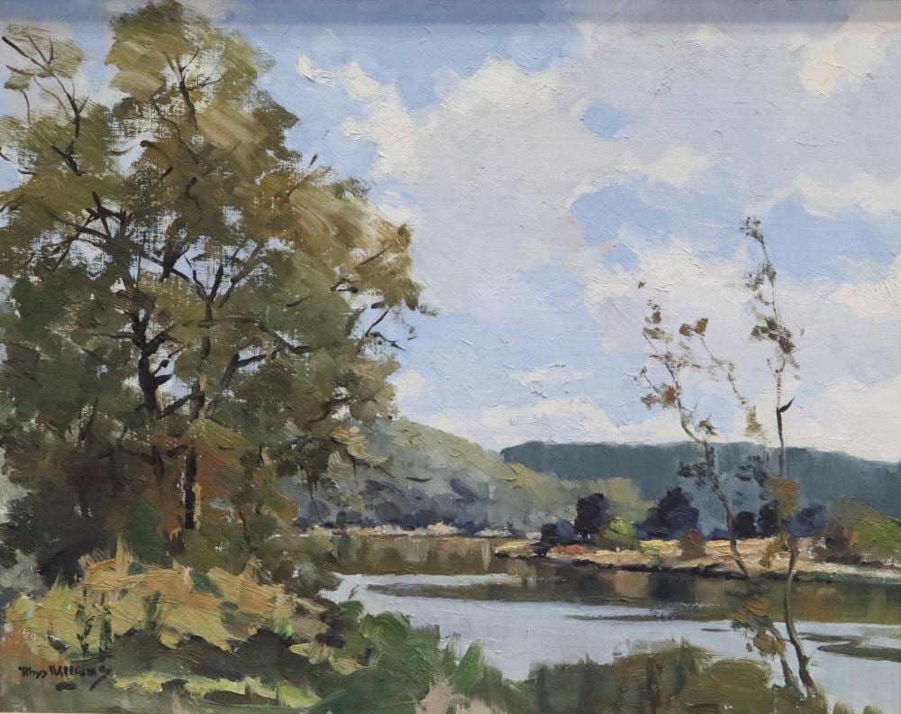 Rhys Williams comparable auction result: rhys williams oil on board titled a bend in the hawkesbury measures 52cm x 40cm signed lower left details to verso