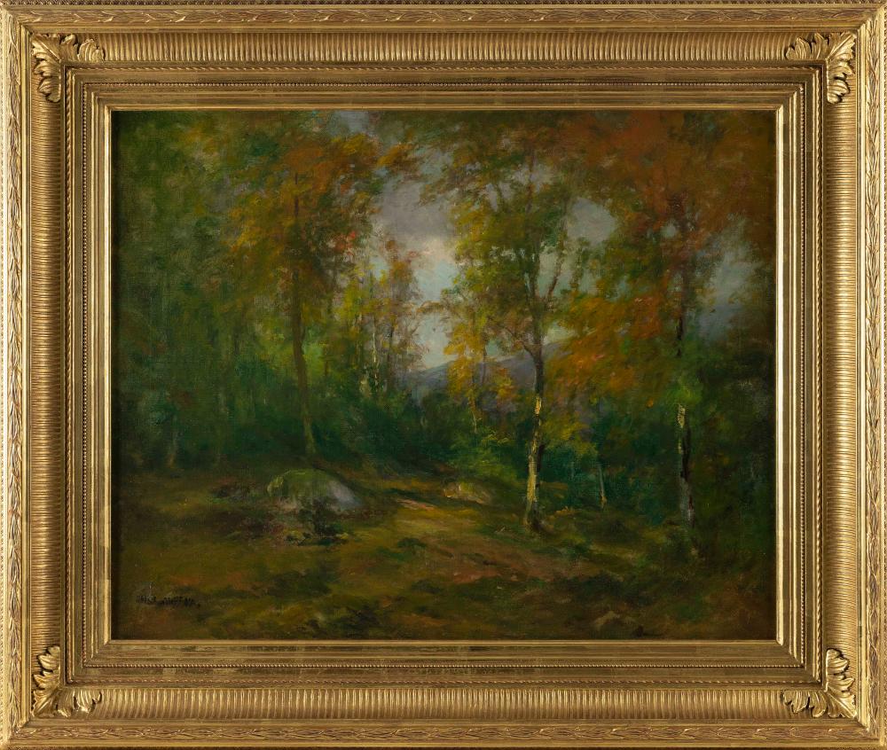 ROSWELL MORSE SHURTLEFF (New Hampshire, 1838-1915), Autumnal mountain landscape., Oil on canvas, 20” x 25”. Framed 28” x 33”. sold by Eldred's, lot 6003A — auction record photograph