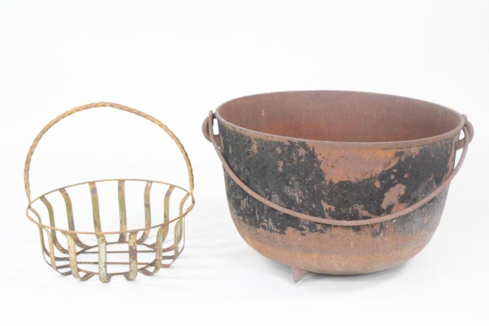 Cast Iron Cauldron Pot & Wrought Iron Basket sold by Public Sale Auction House, lot 76 — auction record photograph