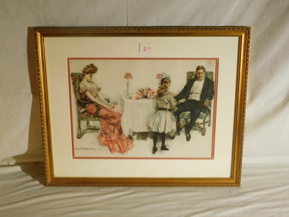 Framed artwork showing a seated woman, a child at a flower-covered table, and a seated man.