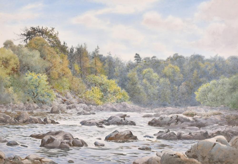 joseph kirkpatrick 1872 1930 a rocky river landscape watercolour signed 13 5 x 19 34 5 x 48 5cm · John Nicholson's Fine Art Auctioneers & Valuers · 2024-07-17 Joseph Kirkpatrick comparable auction result: joseph kirkpatrick 1872 1930 a rocky river landscape watercolour signed 13 5 x 19 34 5 x 48 5cm