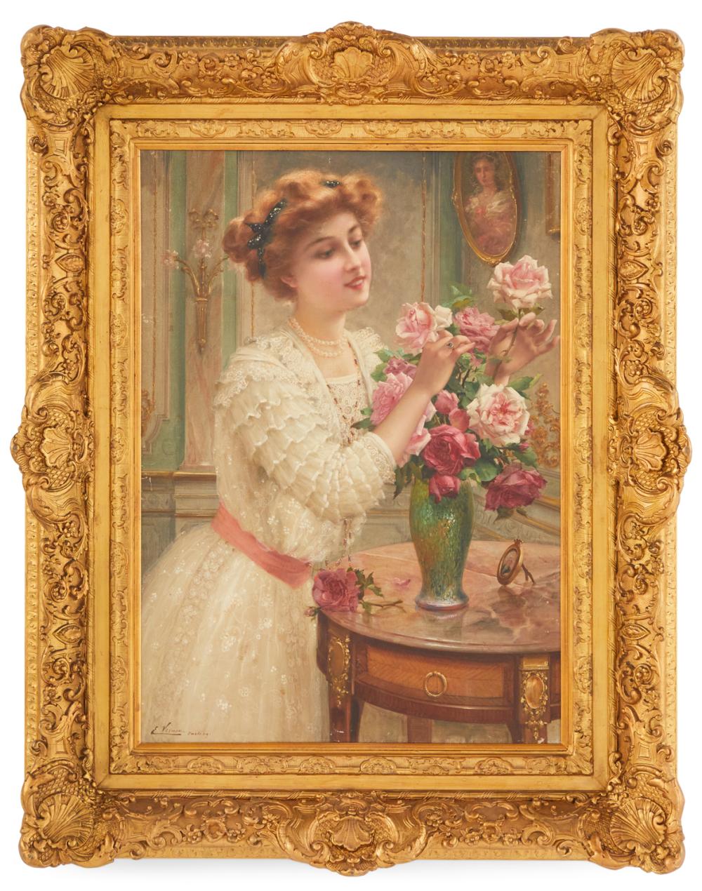 Emile Vernon comparable auction result: emile vernon french 1872 1919 lady arranging pink roses