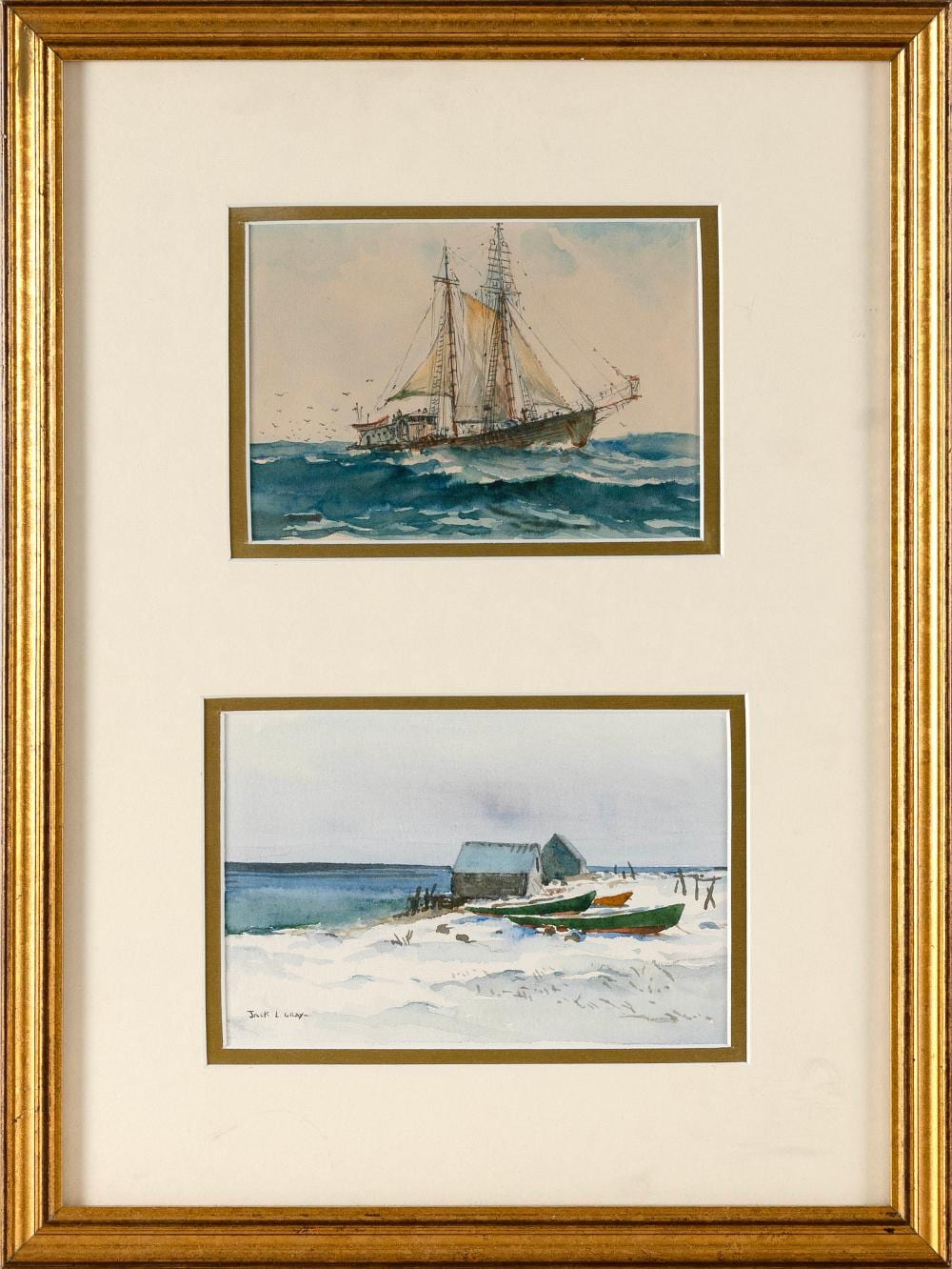 jack lorimer gray new york canada 1927 1981 two works a fishing trawler and a beach scene watercolors on paper both approx 5 x 7 sight framed 18 x 13 5 · Eldred's · 2024-08-09 Jack Lorimer Gray comparable auction result: jack lorimer gray new york canada 1927 1981 two works a fishing trawler and a beach scene watercolors on paper both approx 5 x 7 sight framed 18 x 13 5