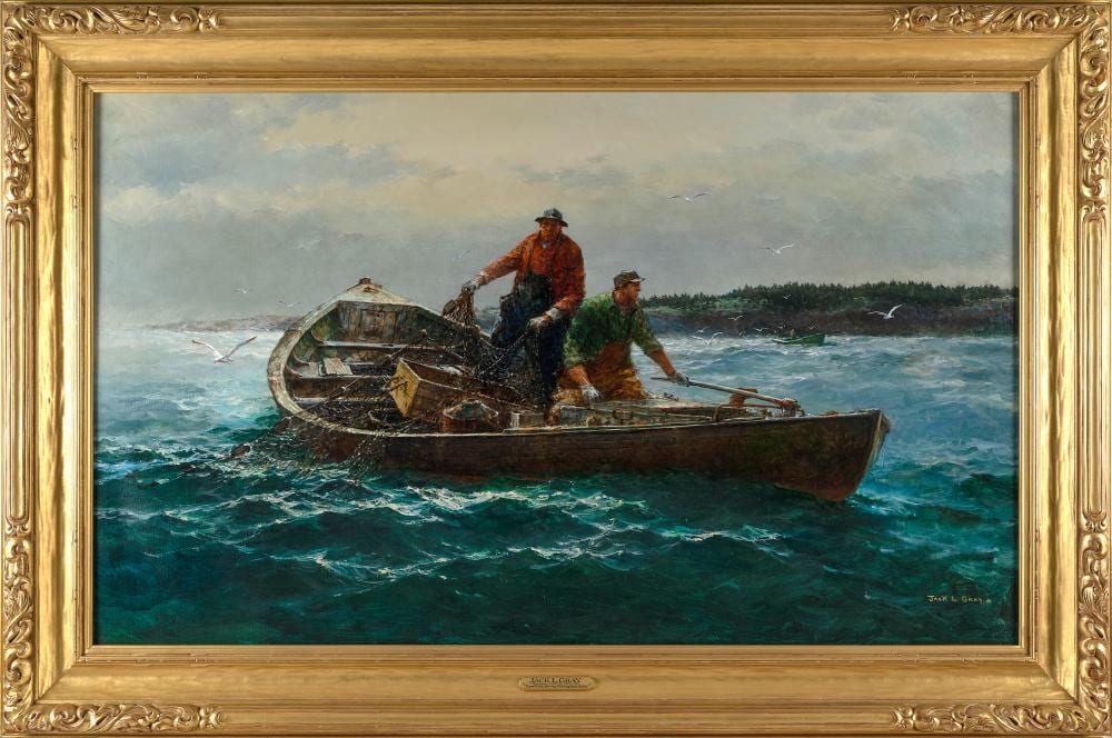 jack lorimer gray new york canada 1927 1981 dares point herring fishing near nova scotia oil on canvas 30 x 50 framed 40 x 59 · Eldred's · 2024-08-09 Jack Lorimer Gray comparable auction result: jack lorimer gray new york canada 1927 1981 dares point herring fishing near nova scotia oil on canvas 30 x 50 framed 40 x 59