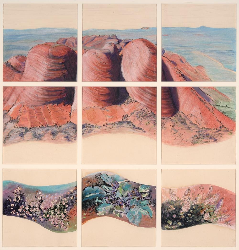 Joy Redman comparable auction result: joy redman 1928 2006 the olgas central australia pastel and watercolour 76 50 x 73 50 cm frame 99 x 93 x 3 cm