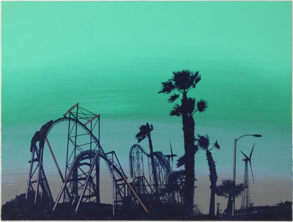 Glen Rubsamen comparable auction result: glen rubsamen american 1959 magic mountain acrylic and silkscreen on masonite