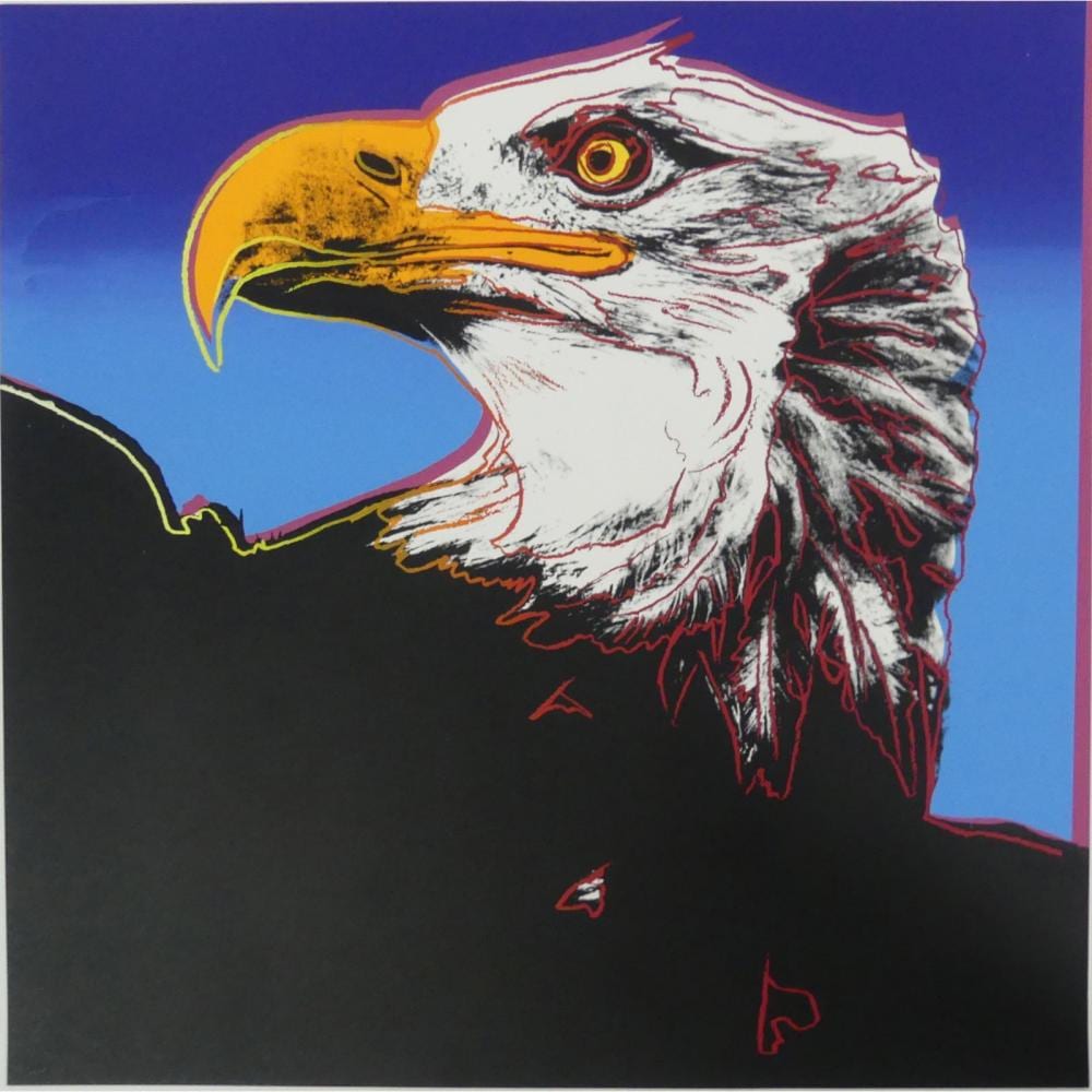 Pop art screenprint of a bald eagle head in yellow, white, red, and black against a blue background.