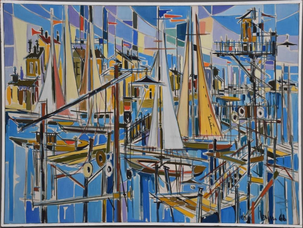 Jean Nerfin comparable auction result: jean nerfin born 1922 is active lives in canada oil on canvas sailboat harbor scene overall framed size 31 x 41 inches