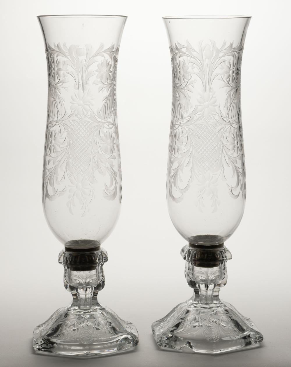 PAIR OF HEISEY NO. 301 / OLD WILLIAMSBURG PRESSED AND ENGRAVED GLASS ELECTRIC HURRICANE LAMPS sold by Jeffrey S. Evans & Associates, lot 510 — auction record photograph