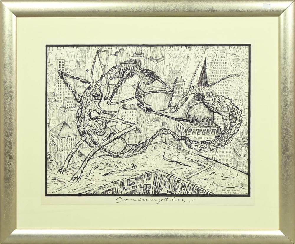 George Gittoes comparable auction result: george gittoes consumption pen on paper signed and titled lower right 51 x 65 cm frame size 75 x 90 cm
