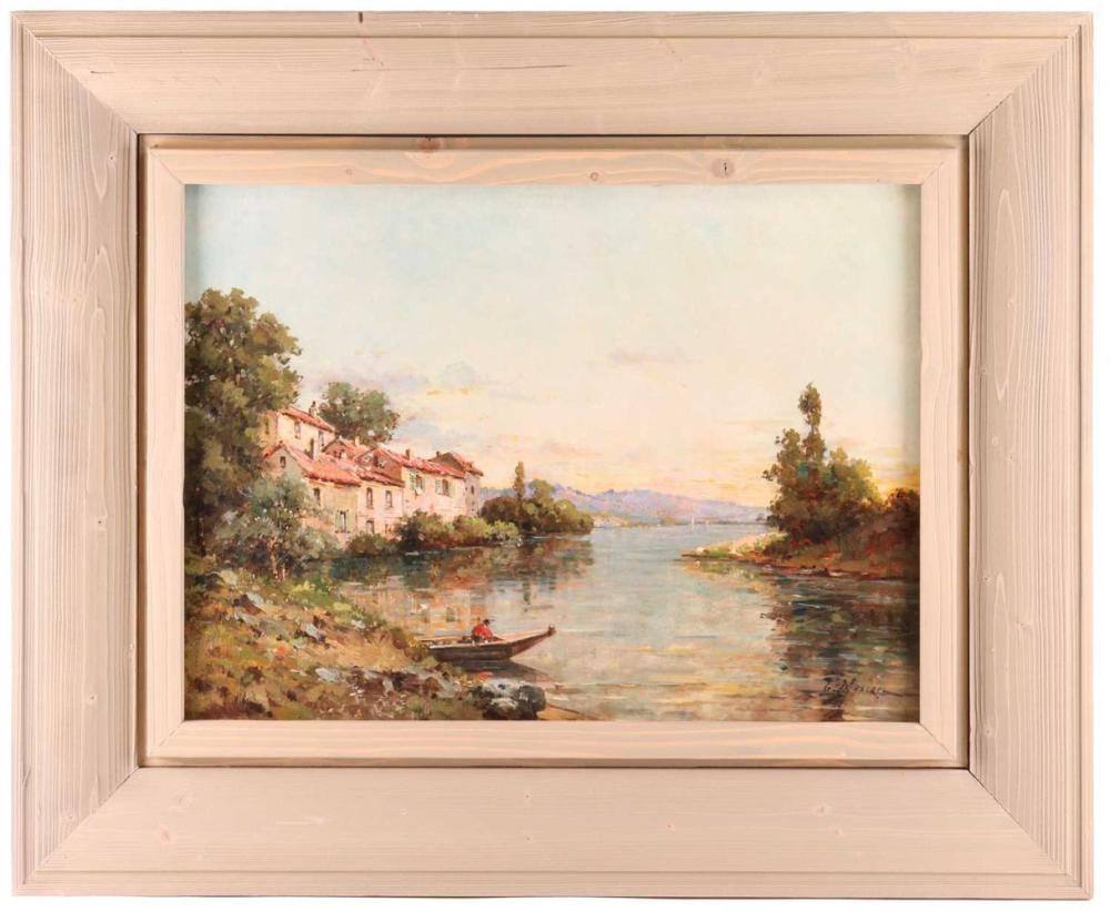 Gustave Mascart comparable auction result: gustave mascart 1834 1914 french a european river landscape oil on canvas signed to lower right corner 43 cm x 58 cm in a contemporary heavy wood frame