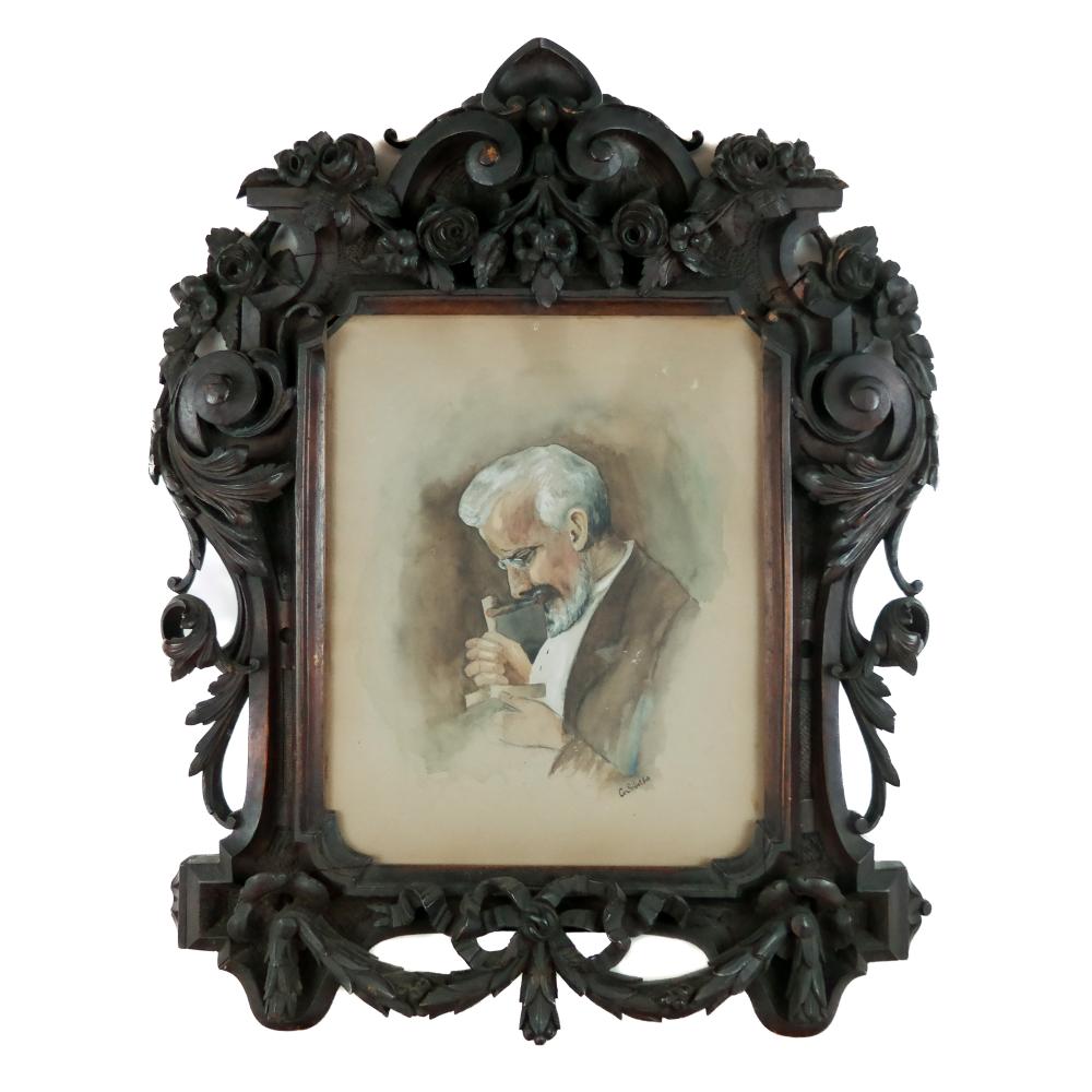 Ornate dark wood picture frame with carved floral scrollwork around a framed painting of an elderly man in profile holding a pipe.