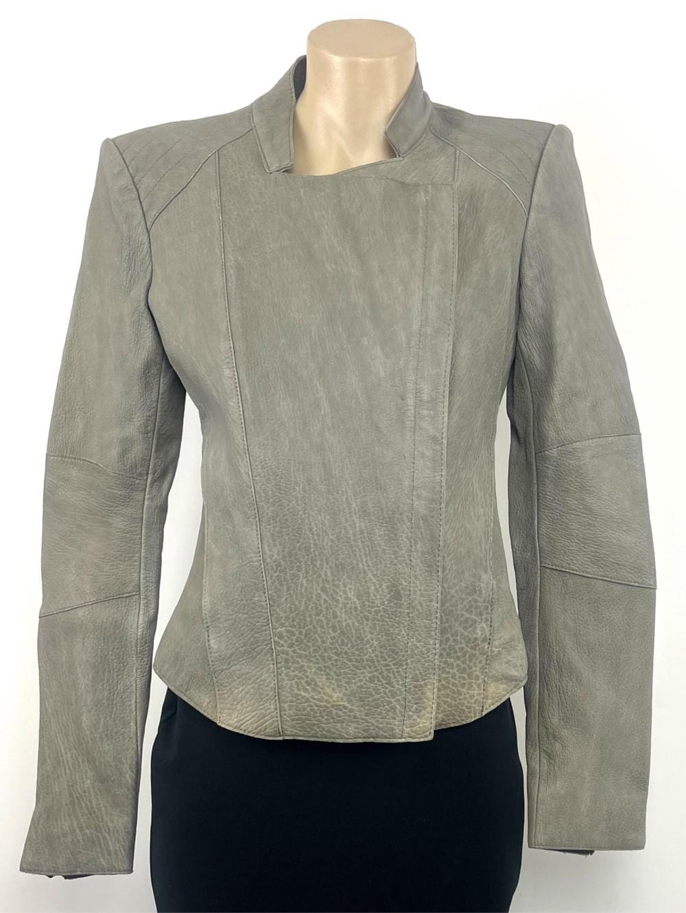 Helmut Lang comparable auction result: helmut lang new york grey bubble lamb leather biker style jacket offset zip closure zip closure to sleeves side zip pockets