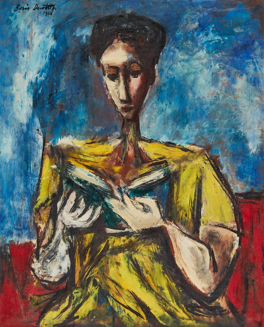 boris deutsch lithuanian 1892 1978 woman reading 1956 oil on board 23 1 2 x 19in 59 5 x 48 5cm · Andrew Jones Auctions · 2024-07-31 Boris Deutsch comparable auction result: boris deutsch lithuanian 1892 1978 woman reading 1956 oil on board 23 1 2 x 19in 59 5 x 48 5cm