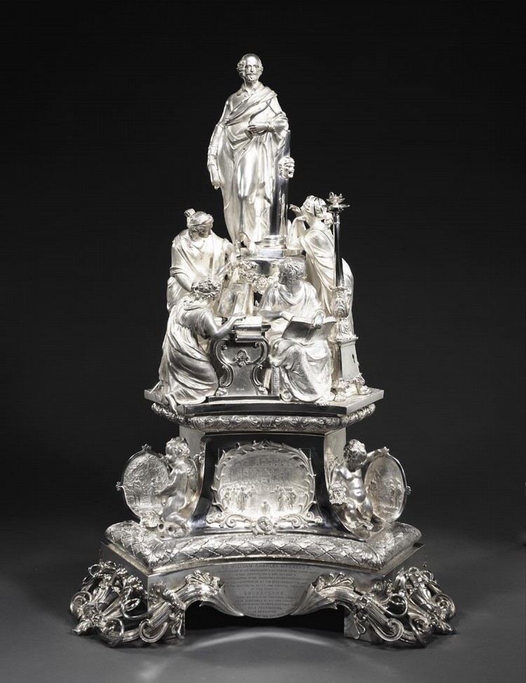 THE MACREADY TESTIMONIAL: A LARGE AND IMPORTANT VICTORIAN SILVER CENTREPIECE, BENJAMIN SMITH, LONDON, 1841, DESIGNED BY CHARLES GRANT sold by Sotheby's, lot 68 — auction record photograph