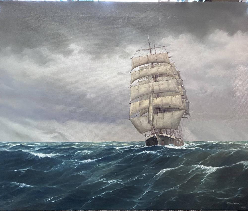 klaus roskamp 1941 segelschiff pamir auf see l leinen 50x60 cm · Auktionshalle Cuxhaven · 2024-08-02 Klaus Roskamp comparable auction result: klaus roskamp 1941 segelschiff pamir auf see l leinen 50x60 cm