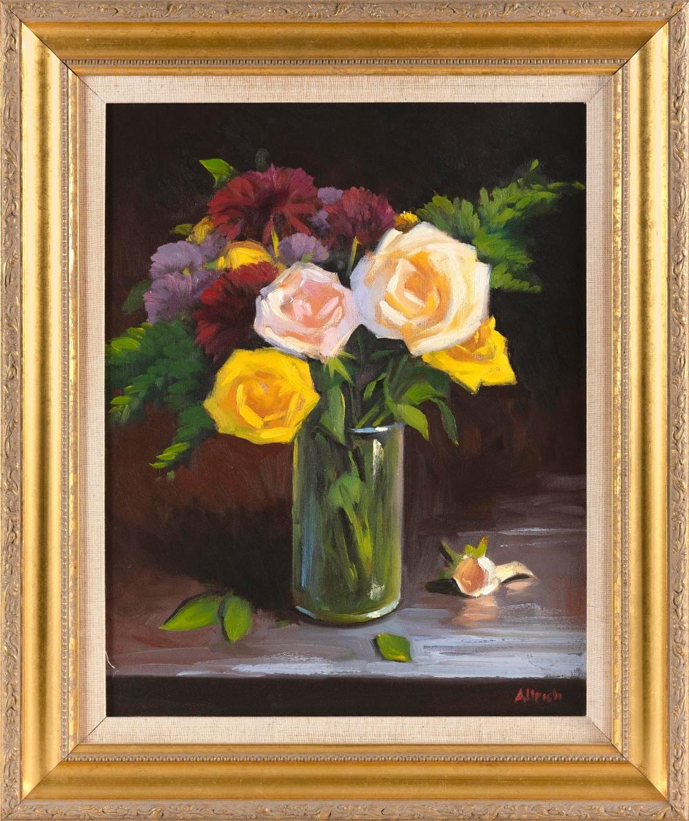 Steve Allrich comparable auction result: steve allrich massachusetts 1954 still life of roses oil on canvas 18 5 x 14 framed 24 x 20