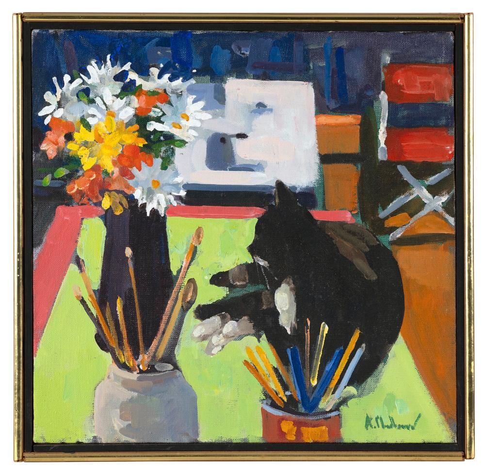 Alfred Cheney Chadbourn comparable auction result: alfred cheney chadbourn maine turkey 1921 1998 cat flowers in studio oil on canvas 14 x 14 framed 15 5 x 15 5
