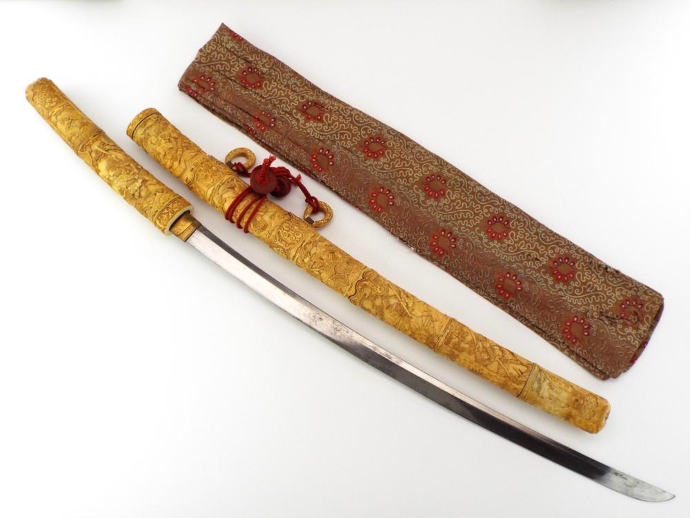 Auction comp thumbnail for Antique Japanese Hand Carved Japanese Meiji Period Samurai Sword With OLD Blade (ZevAntiques, Lot 114)