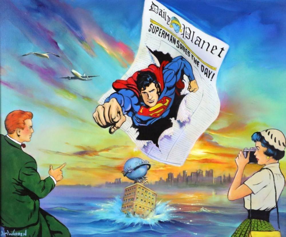 Jim Warren comparable auction result: jim warren american b 1949 superman saves the day oil painting on canvas
