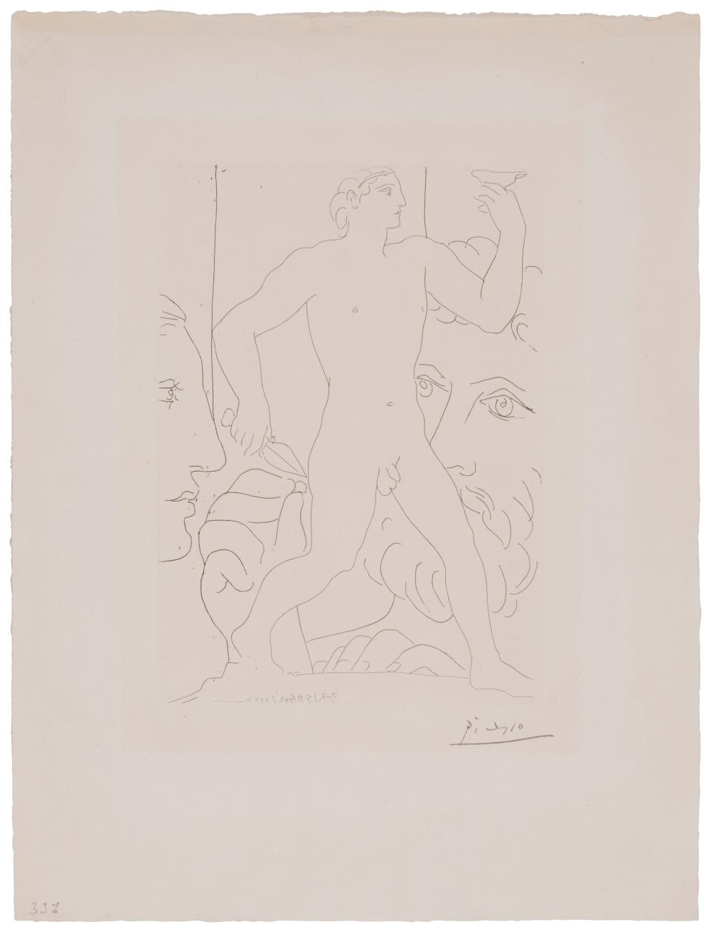 Pablo Picasso (1881-1973), "Sculpture d'un jeune homme à la coupe," Plate 70 from "La Suite Vollard," 1933 sold by John Moran Auctioneers, lot 278 — auction record photograph