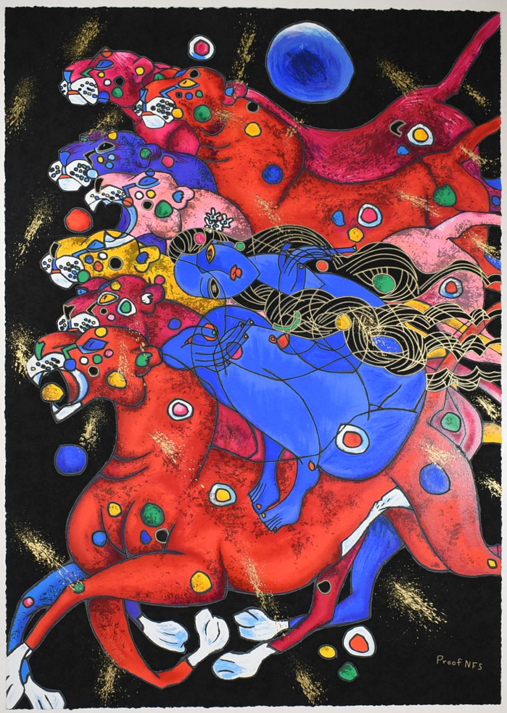 Colorful abstract serigraph print showing red and blue panther-like figures with multicolored spots and circular shapes on a black background.