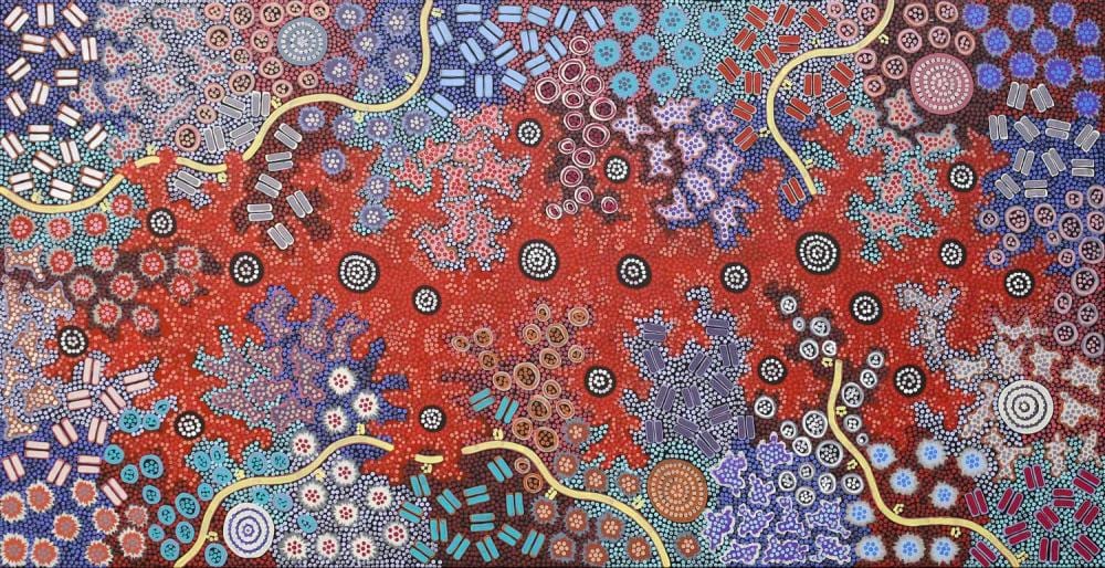 Vivid Aboriginal-style dot and bead-like pattern painting with concentric circles, starbursts, and winding lines over a red background.