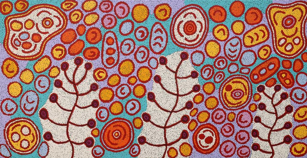Marcia Reid Nangala comparable auction result: marcia reid nangala seven sisters collecting bush 79cm x 153cm