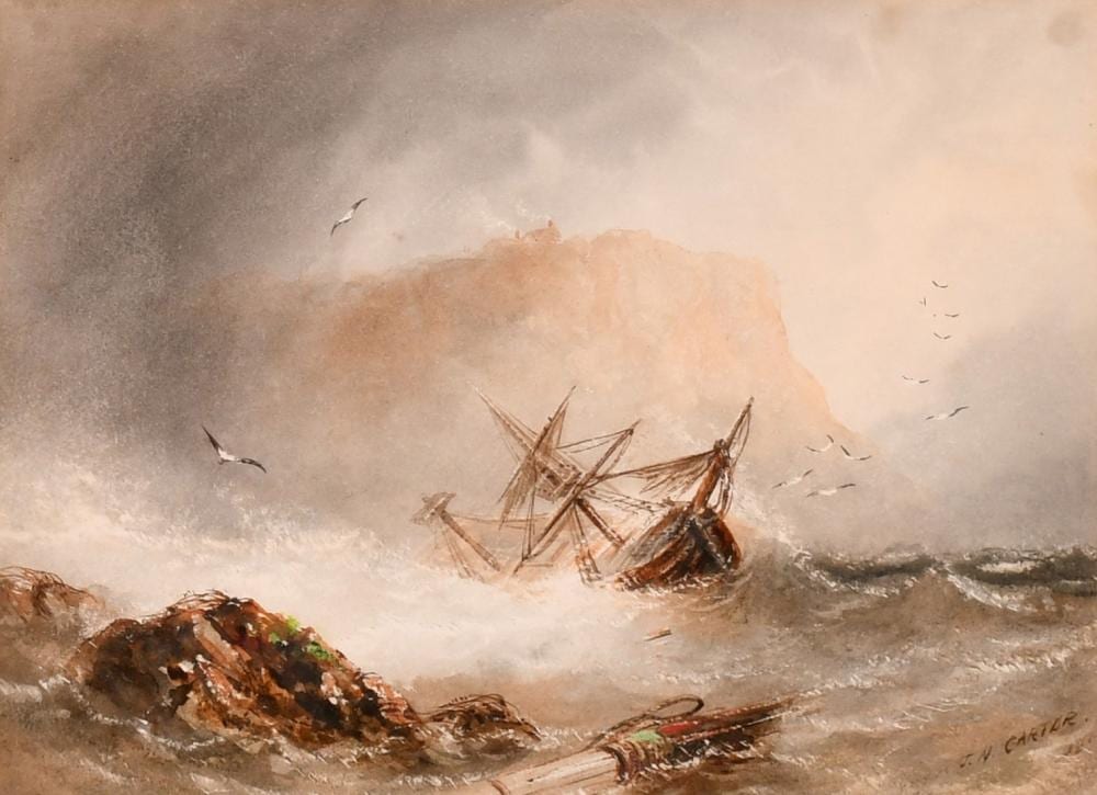 joseph newington carter 1835 1871 a capsized boat approaching a rocky coastline in rough seas watercolour · John Nicholson's Fine Art Auctioneers & Valuers · 2024-08-06 Joseph Newington Carter comparable auction result: joseph newington carter 1835 1871 a capsized boat approaching a rocky coastline in rough seas watercolour