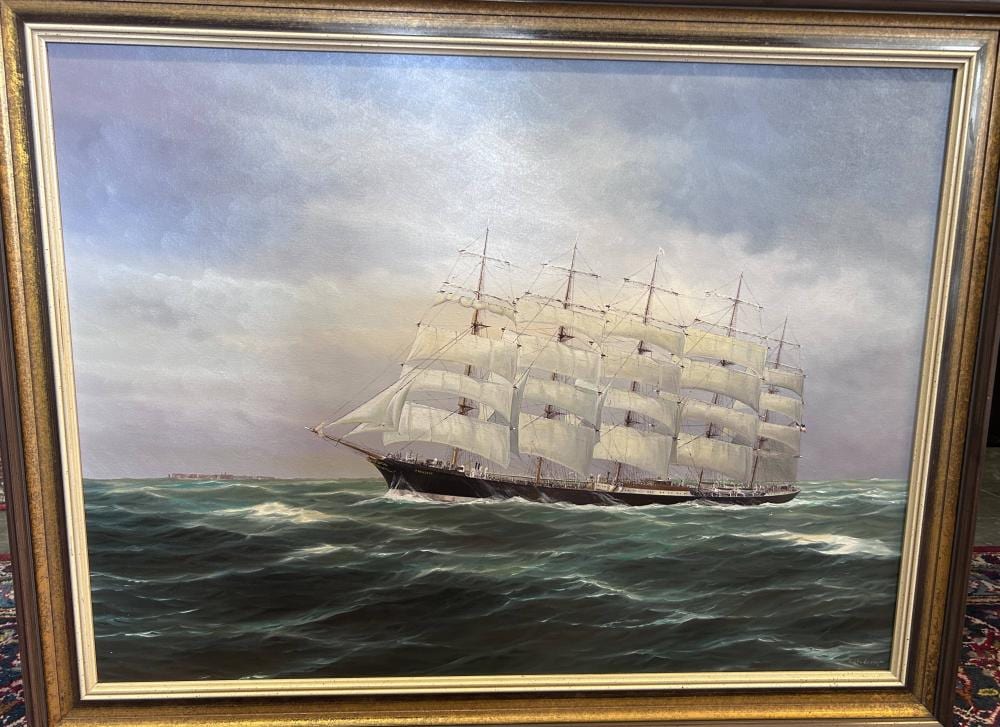 klaus roskamp 1941 segelschiff preussen vor helgoland l leinen gerahmt rg 70x90 cm · Auktionshalle Cuxhaven · 2024-08-02 Klaus Roskamp comparable auction result: klaus roskamp 1941 segelschiff preussen vor helgoland l leinen gerahmt rg 70x90 cm