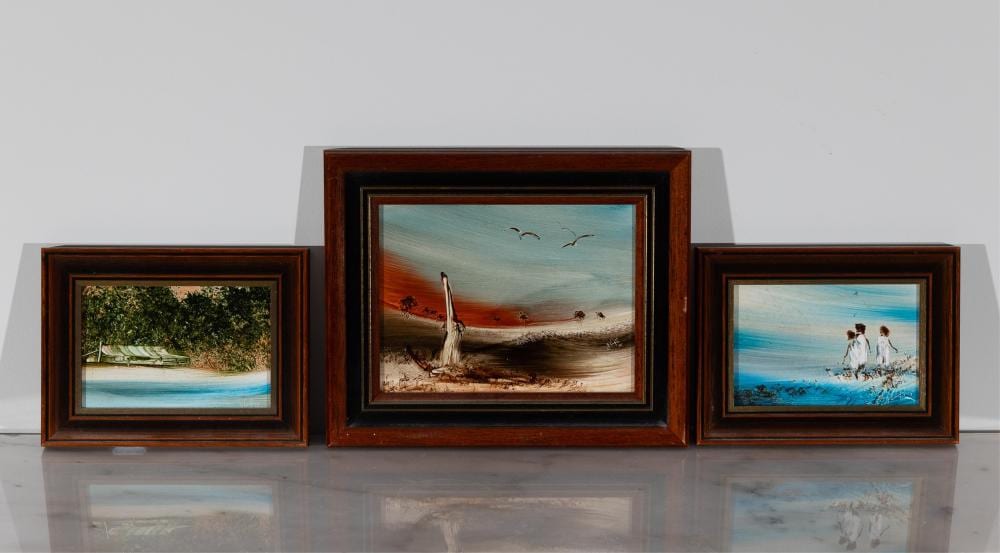 Jim Crofts comparable auction result: jim crofts 1922 three works beach scenes oil on board smaller 9 5 x 14cm frame size 15 x 20cm largest14 5 x 19 5cm