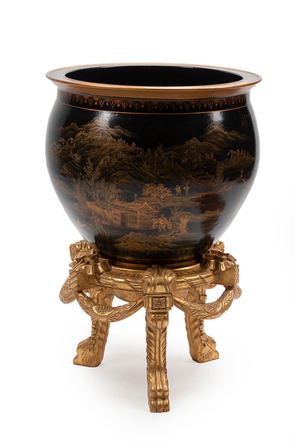 Large decorative urn-style bowl with dark interior, gold trim, landscape scene painting, and ornate gilded tripod stand.