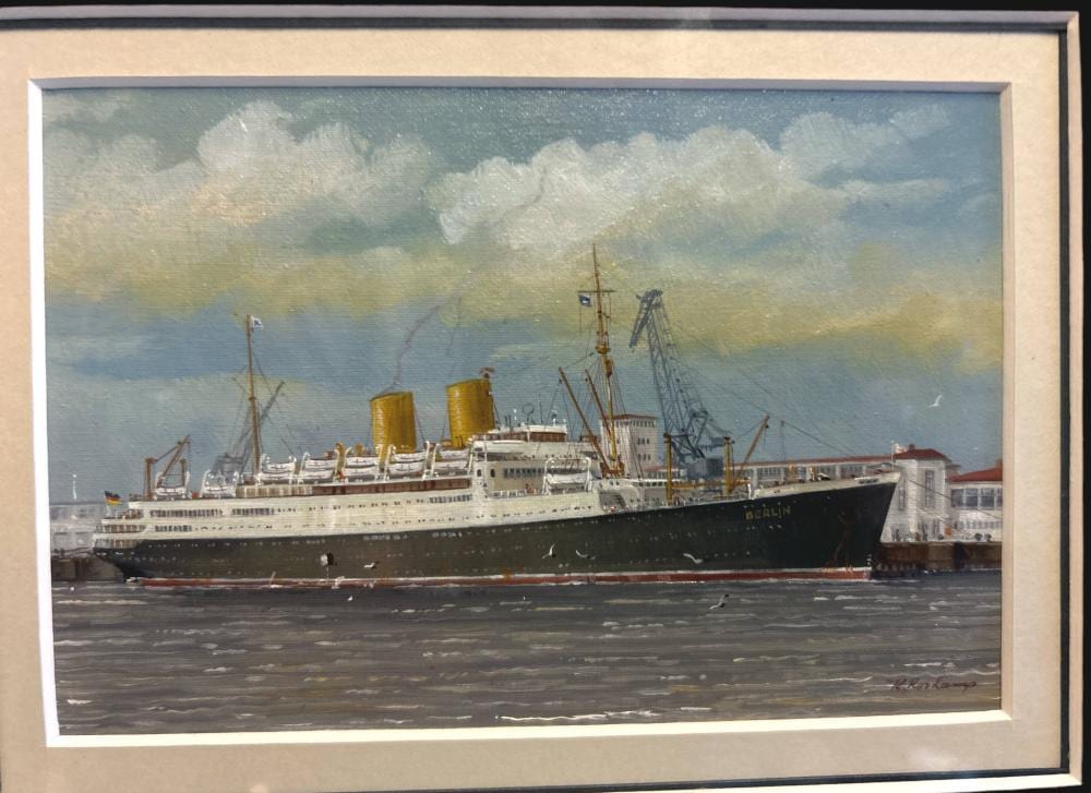 klaus roskamp 1941 ndl dampfer berlin lgem lde ger glas rg 24x30 cm · Auktionshalle Cuxhaven · 2024-08-02 Klaus Roskamp comparable auction result: klaus roskamp 1941 ndl dampfer berlin lgem lde ger glas rg 24x30 cm