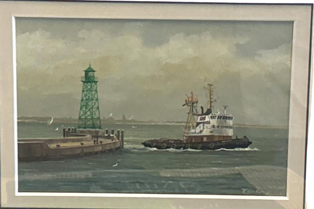 klaus roskamp 1941 schlepper vor hafeneinfahrt lgem lde gerahmt 24x32 cm · Auktionshalle Cuxhaven · 2024-08-02 Klaus Roskamp comparable auction result: klaus roskamp 1941 schlepper vor hafeneinfahrt lgem lde gerahmt 24x32 cm