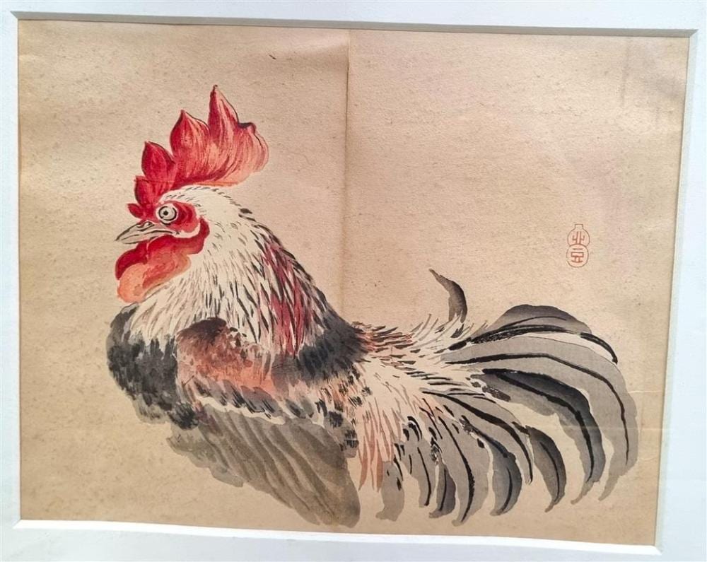 Watanabe Kazan comparable auction result: watanabe kazan japanese 1793 1841 untitled rooster woodblock print circa 1970s signed with seal centre right image 24 5 x 3
