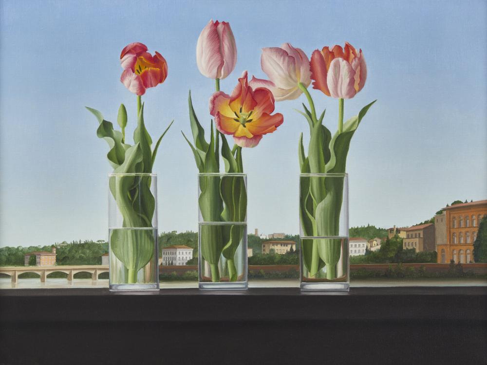James Aponovich comparable auction result: james aponovich american b 1945 still life with three tulips 1998