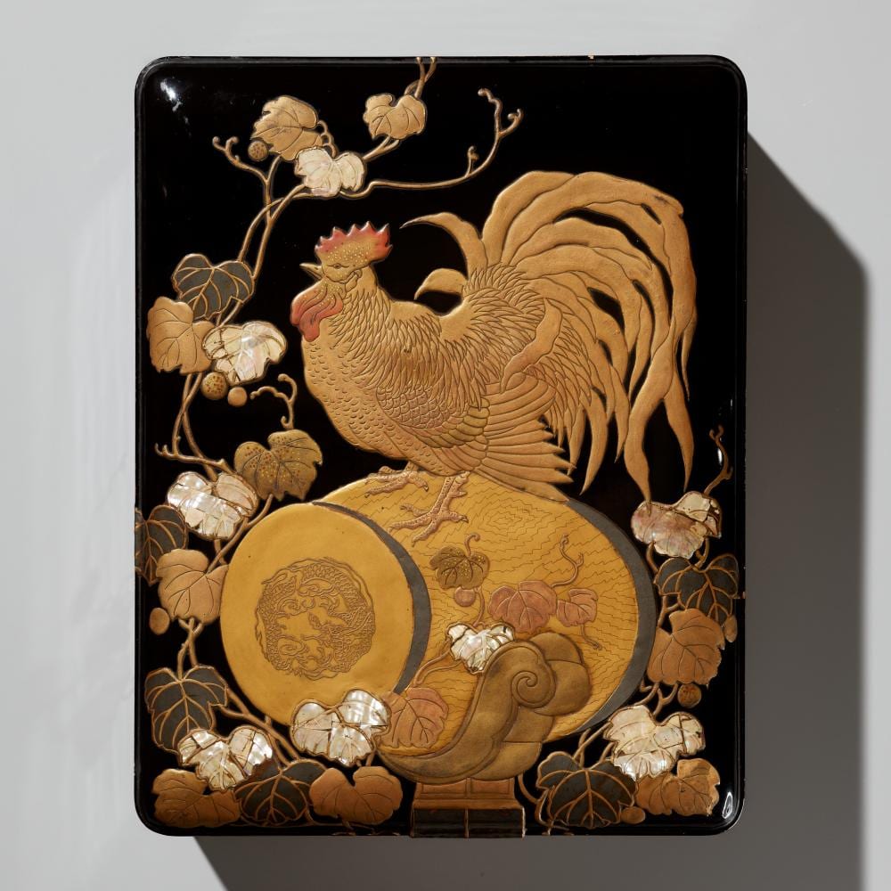 Ogata Korin comparable auction result: a fine rinpa style lacquer bunko with a cockerel on a war drum after ogata korin