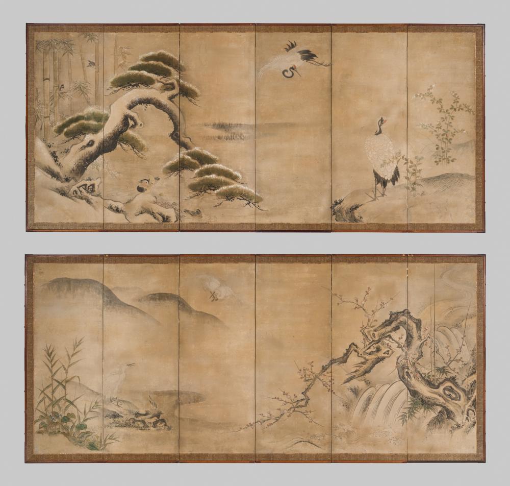 A PAIR OF KANO SCHOOL SIX-PANEL ‘THREE FRIENDS OF WINTER’ BYOBU SCREENS sold by Galerie Zacke, lot 820 — auction record photograph