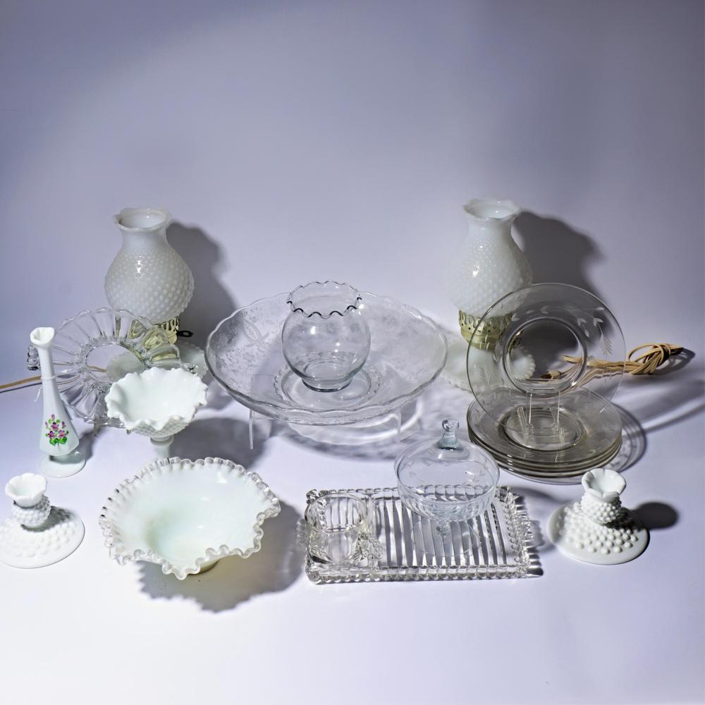 Large collection of white and clear glass, including a pair of vintage milk glass hobnail night hurricane electric lamps, 13"Diam. (largest) sold by Ripley Auctions, lot 207 — auction record photograph