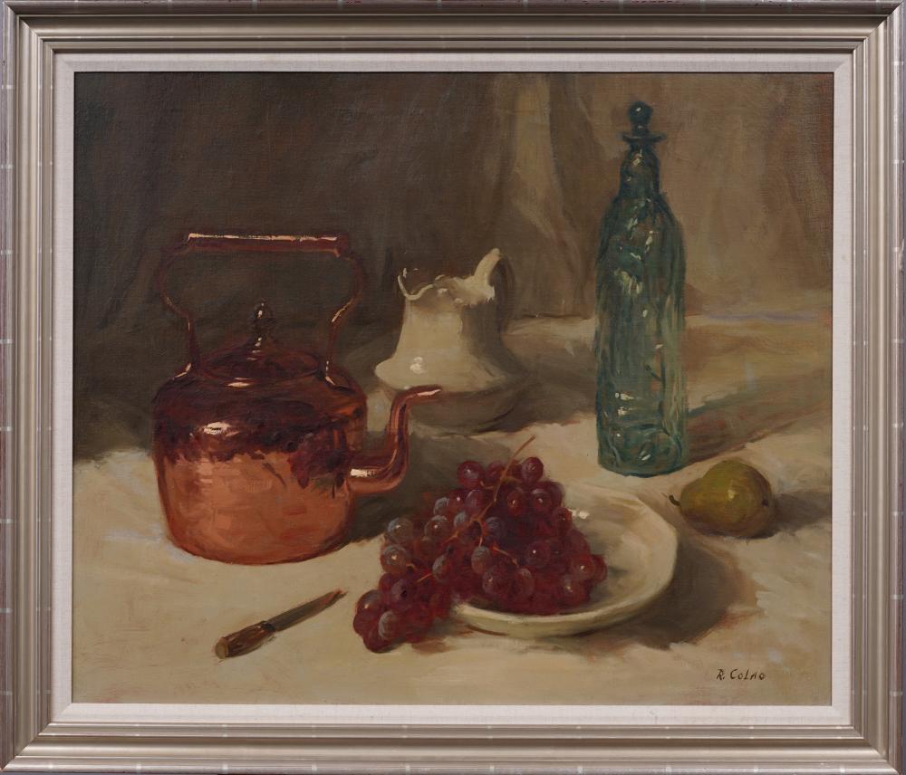 Framed still life oil painting showing a red copper pot, white bowl of grapes, a green bottle, and fruit on a table.