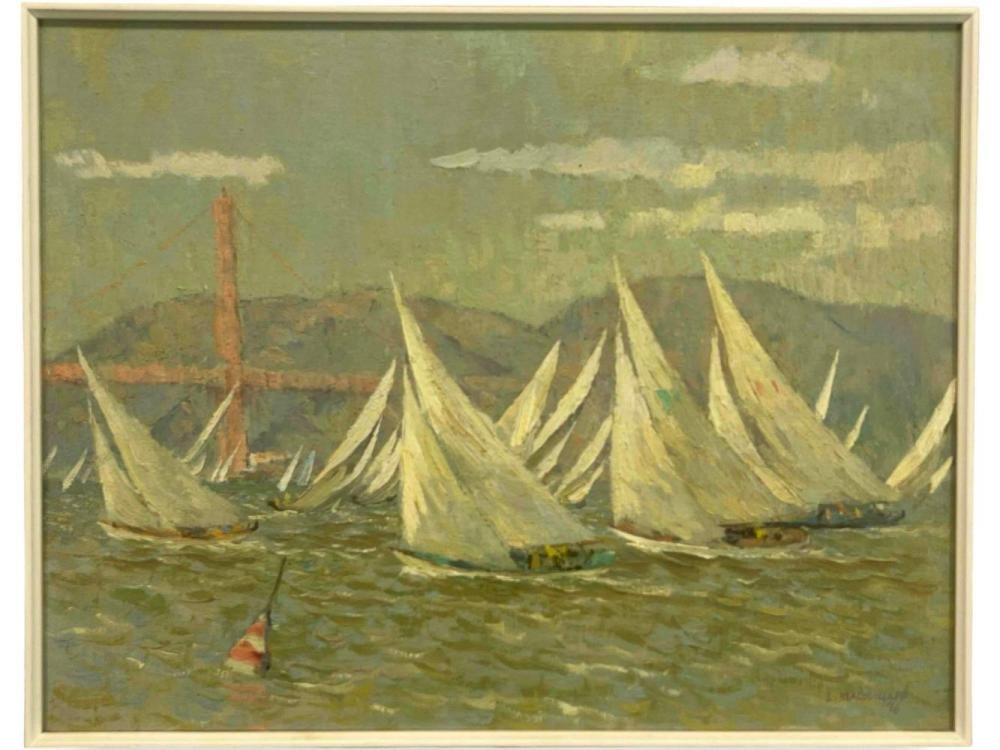 Louis Macouillard comparable auction result: louis macouillard california 1913 1987 the start san francisco bay sailboat race oil on board