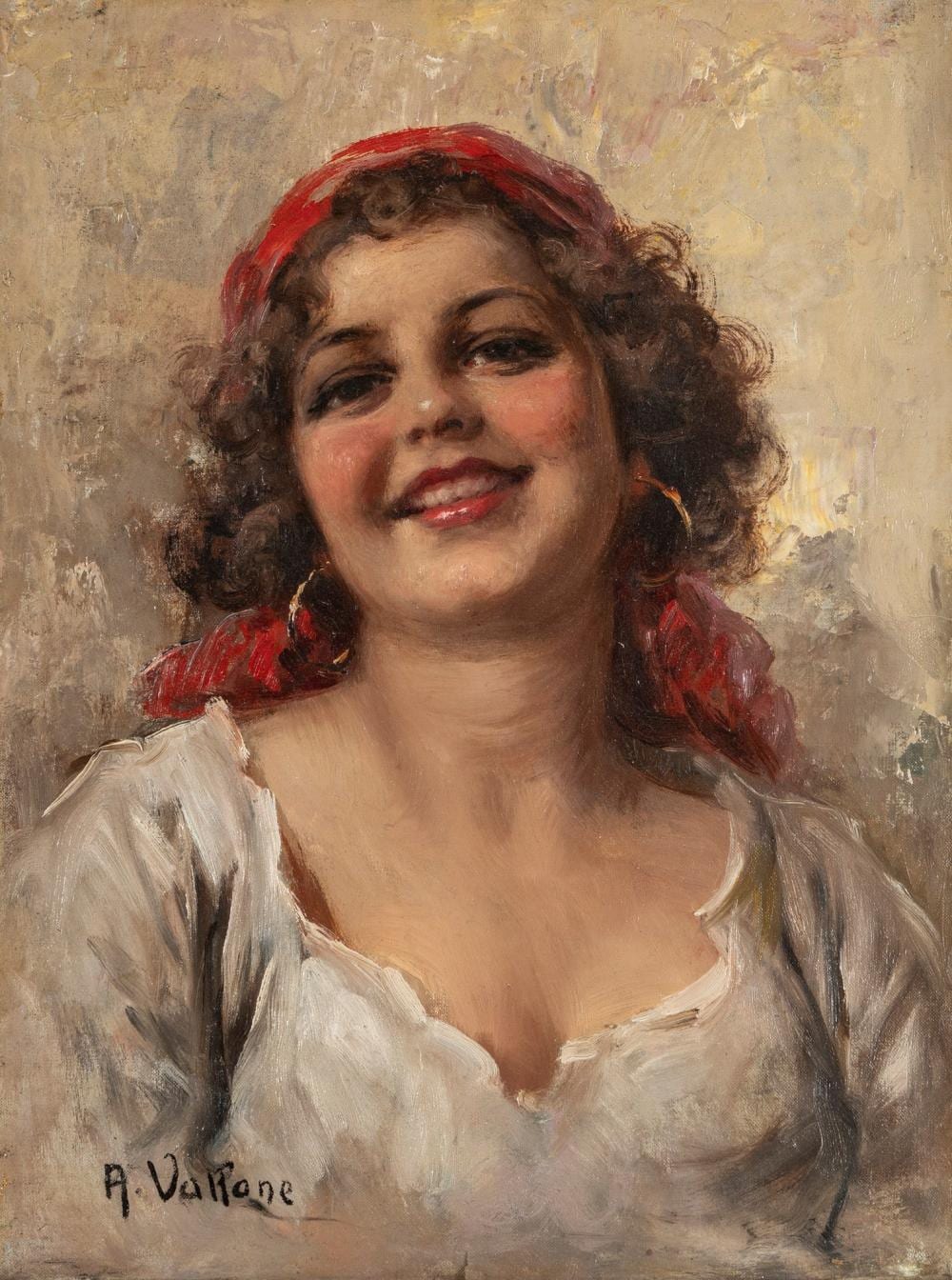Antonio Vallone comparable auction result: antonio vallone attivo a napoli nel secolo xx portrait of a young woman with red scarf
