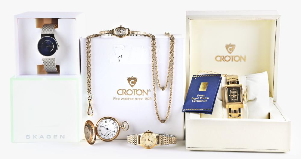 A lot of four wrist watches and a gold Waltham lady's pendant watch sold by Schmitt Horan & Co., lot 271 — auction record photograph