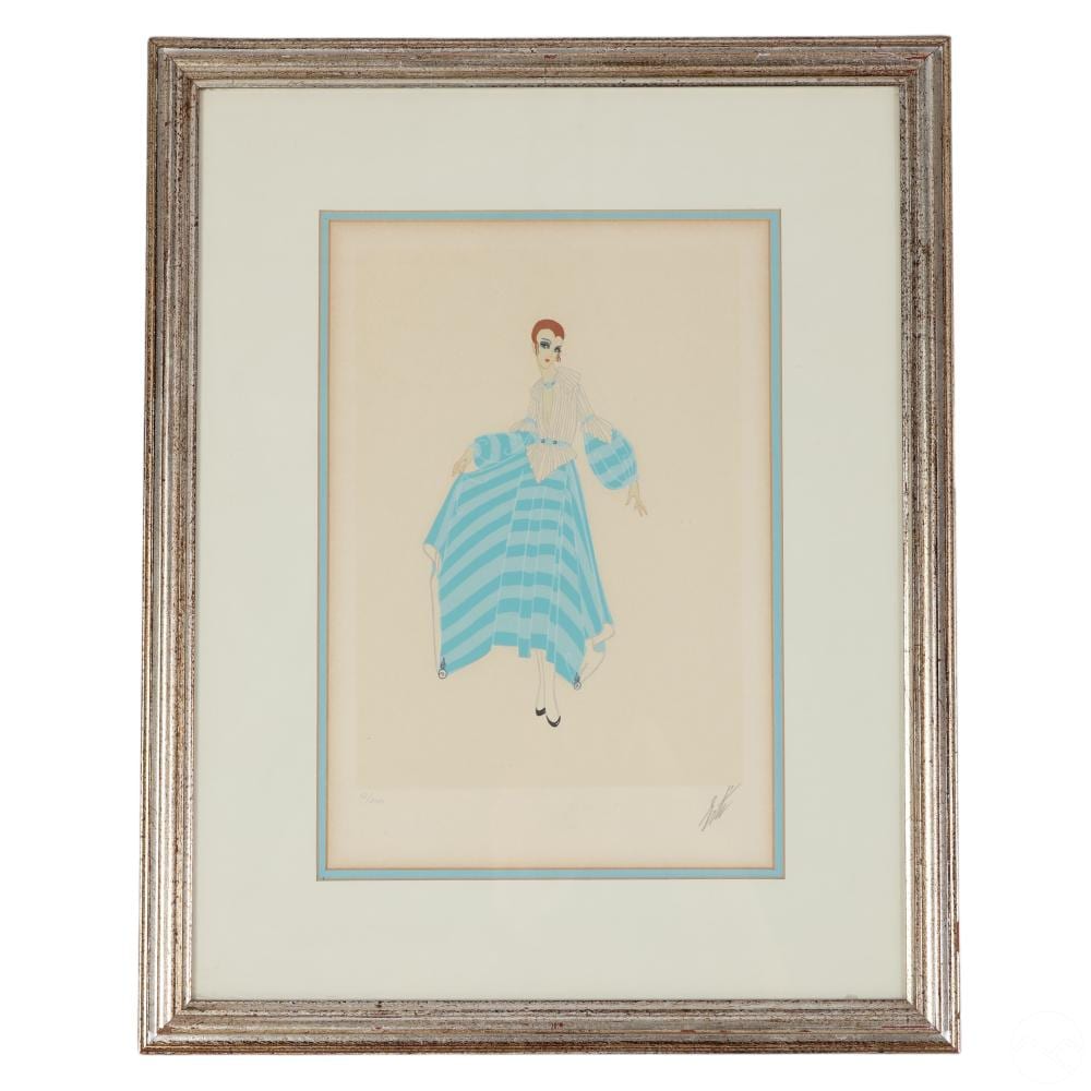 Framed lithograph print showing a stylized woman in a blue striped dress standing in profile, full figure.