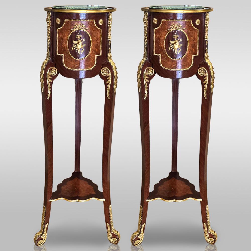 Pair Of Large French Style Wood And Brass Inlay Marble Top Pedestals sold by RB Fine Arts, lot 26 — auction record photograph