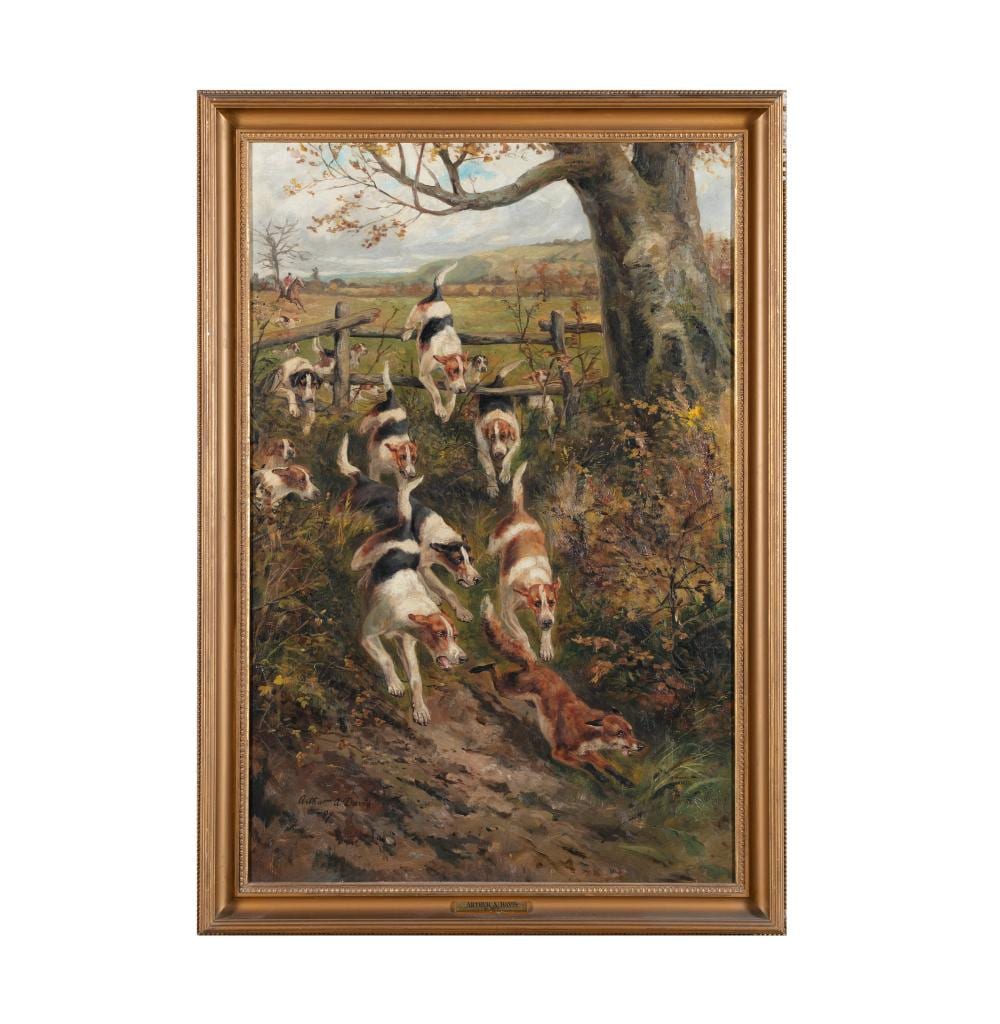 Arthur Alfred Davis comparable auction result: arthur alfred davis fl 1877 1905 hounds chasing a fox oil on canvas 89 x 59cm signed lower left and dated 18 87