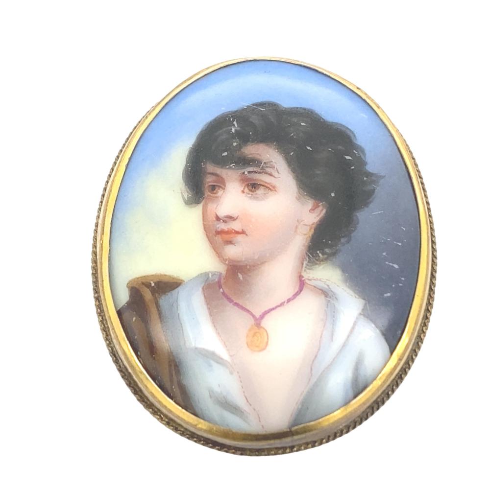 14ct Yellow Gold Victorian Antique Portrait Brooch. Hand Painted Male Figure on Porcelain, Bezel Set With a Rope Frame. Brooch Measures 42mm x 34.5mm. Comes With Certificate of Identification. Free Express Delivery Wi... sold by Pottle Auctions, lot 356 — auction record photograph